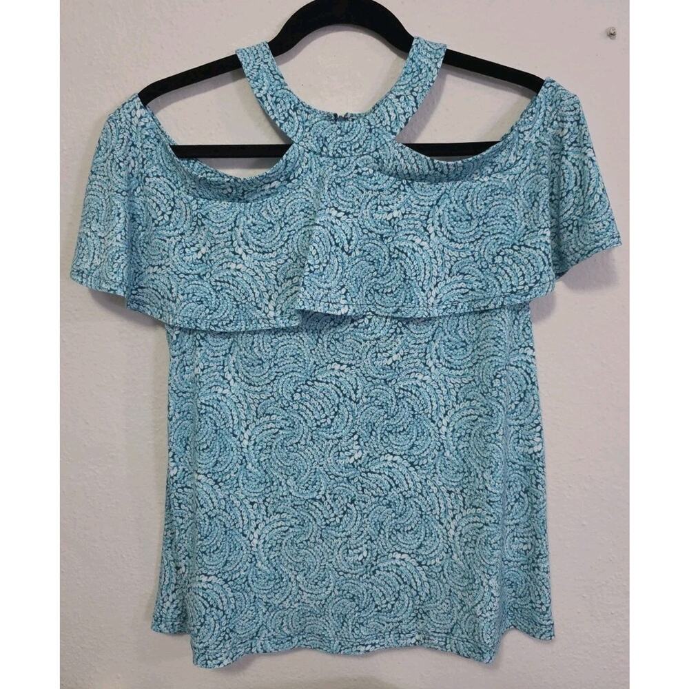 Michael Kors Women's Blouse Top Printed Flounce Cold Shoulder Turquoise M NWT